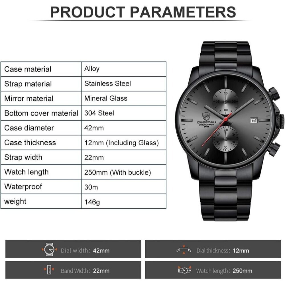 GOLDEN HOUR Men's Watches with Black Stainless Steel and Metal Casual Waterproof - Picture 4 of 7